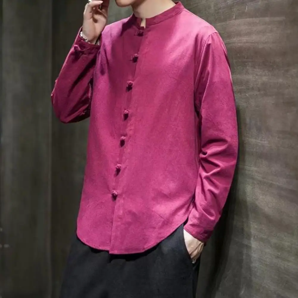 Retro Buttoned Shirt Chinese Style Stand Collar Men's Spring Shirt with Knot Button Single-breasted Solid Color Long for A