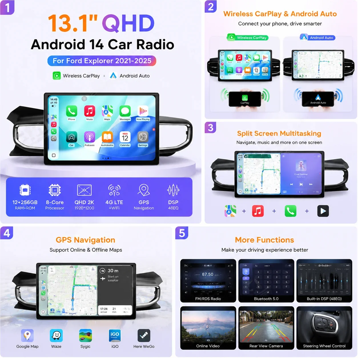 Lizpofly 13.1 Inch Android 14 Car Radio For Ford Explorer 2021-2025 12+256GB Wireless CarPlay GPS Navigation 1080P Head Unit