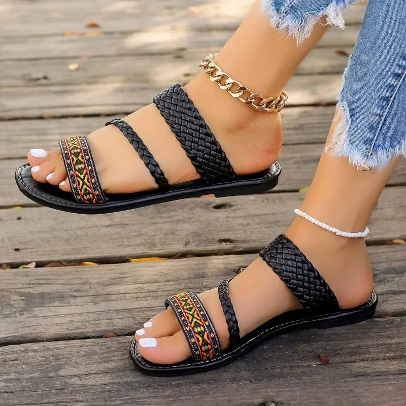 Flats Slippers Women Weave Casual Shoes Fashion Dress Sandals 2024 Summer New Classic Brand Beach Cozy Flip Flops Female Slides