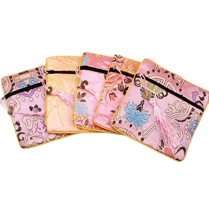 1pc Chinese Brocade Zipper Jewelry Bag Gift Pouch Square with Flower Pattern for Gift Packaging Shopping Storage Pouche