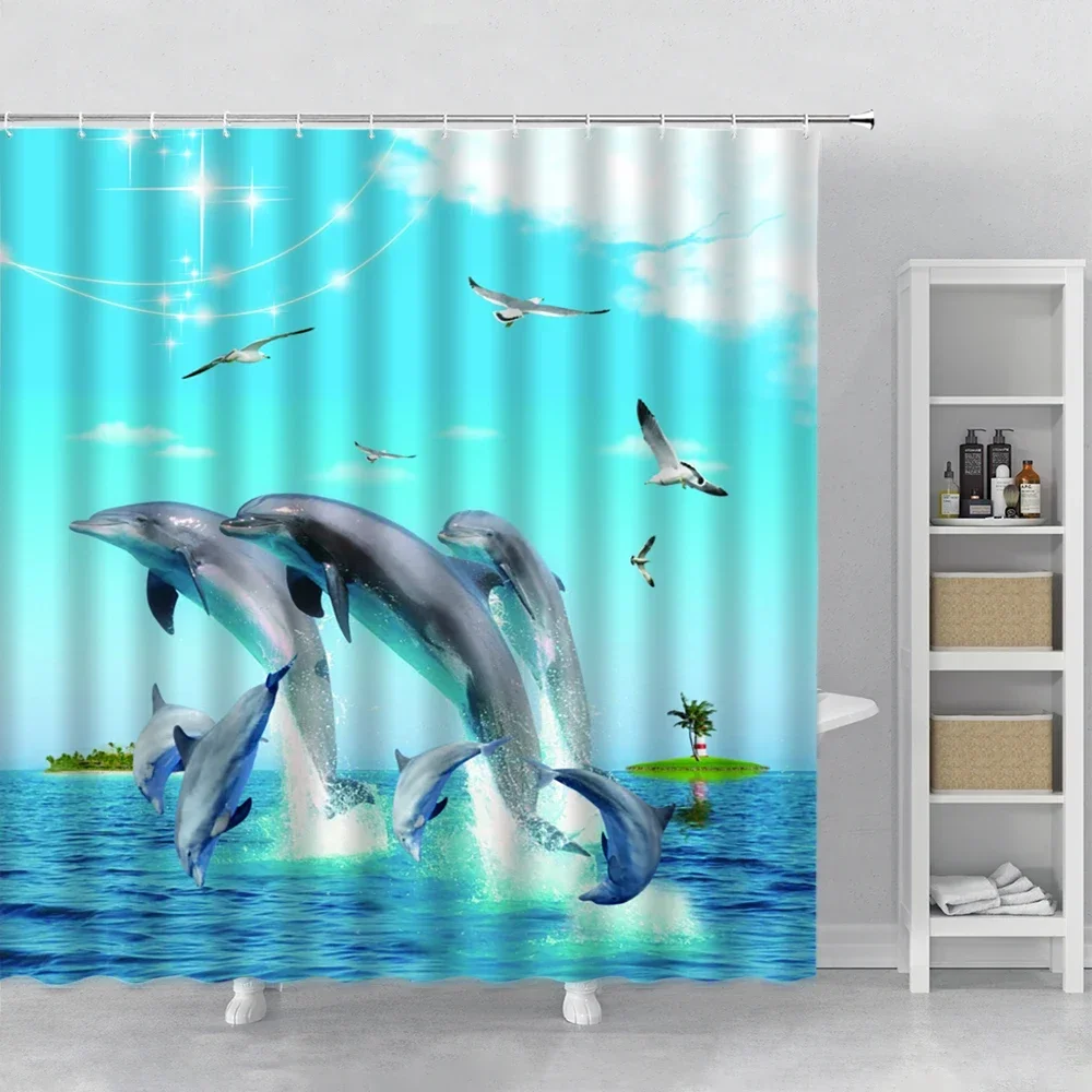 Leap Dolphins Blue Sky White Cloud Sunlight Ocean Shower Curtain Summer Tropical Sea Animals Ocean Theme Bathroom Bath Curtains