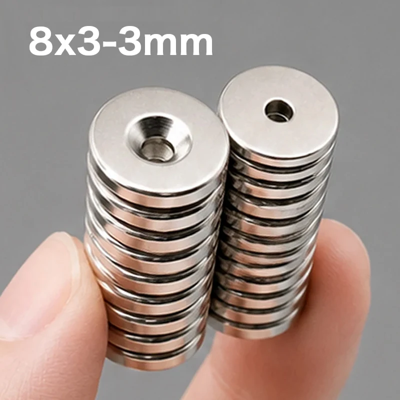 Aimants néodyme super puissants 8x3-3mm N52 NdFeB, aimants permanents avec trou fraisé pour vis, disque magnétique pour loisirs créatifs