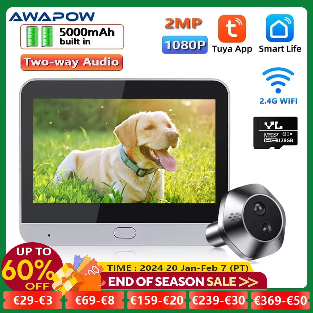 Awapow 4.3inch Tuya Doorbell Camera Wifi Peephole Door View PIR Motion Detection Two Way Audio Smart Digital Door  видеоглазок