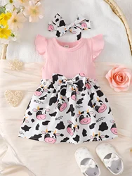 Cute Cartoon Cow Baby Girl Dress Skin-Friendly Round Neck Flying Sleeve Patchwork Design Lively Skirt Bow Headband Two-Piece Set