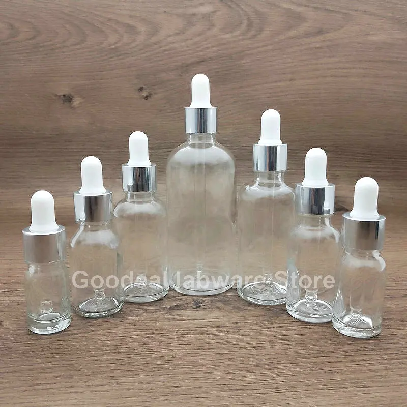 10pcs 5ml to 100ml clear Glass Essential Oil Glass pipette vial Dropper Bottle with silver screw cap for Lab experiment