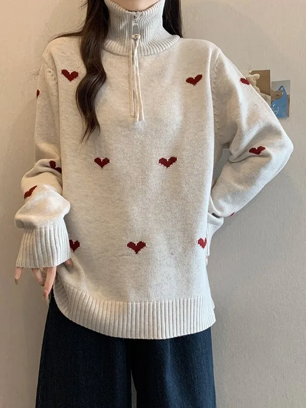

plus Size Knitted Heart Sweater with Zipper f Open Collar Loose Fit Trendy Women's Autumn Winter New Sle Versatile Knitwear