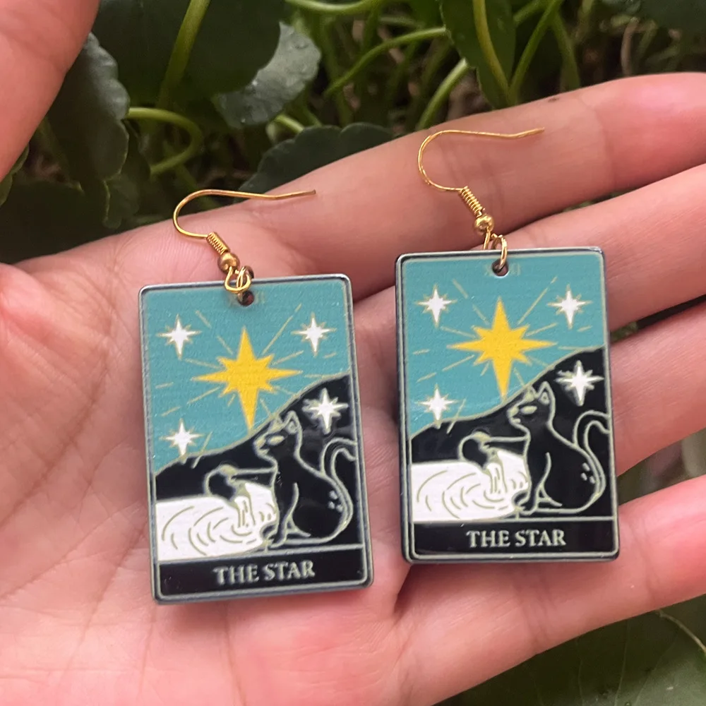 Tarot Card Dangle Earrings Flatback Acrylic Black Punk Skull  Cat Magical Divination Game Jewelry Sun Moon Crafts Hallowmas Gift