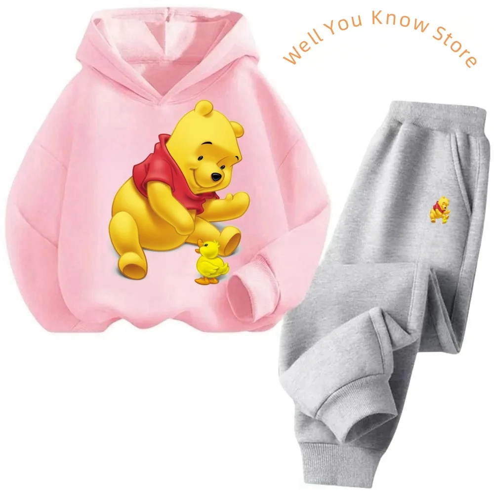 Disney Pooh Winnie Bear Hoodies Set Autumn Children Cartoon Hoodies Tops+Long Pants 2PCS Suit Kids Winnie-the-Pooh Outfits