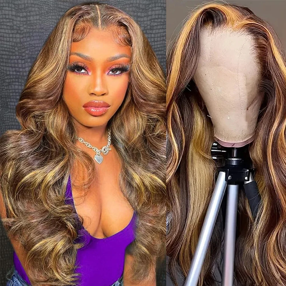 

13x4 Highlight Body Wave Human Hair Wigs Lace Frontal Wigs 13x6 Brazilian Pre Plucked Ombre P4/27 Lace Front Wigs Human Hair