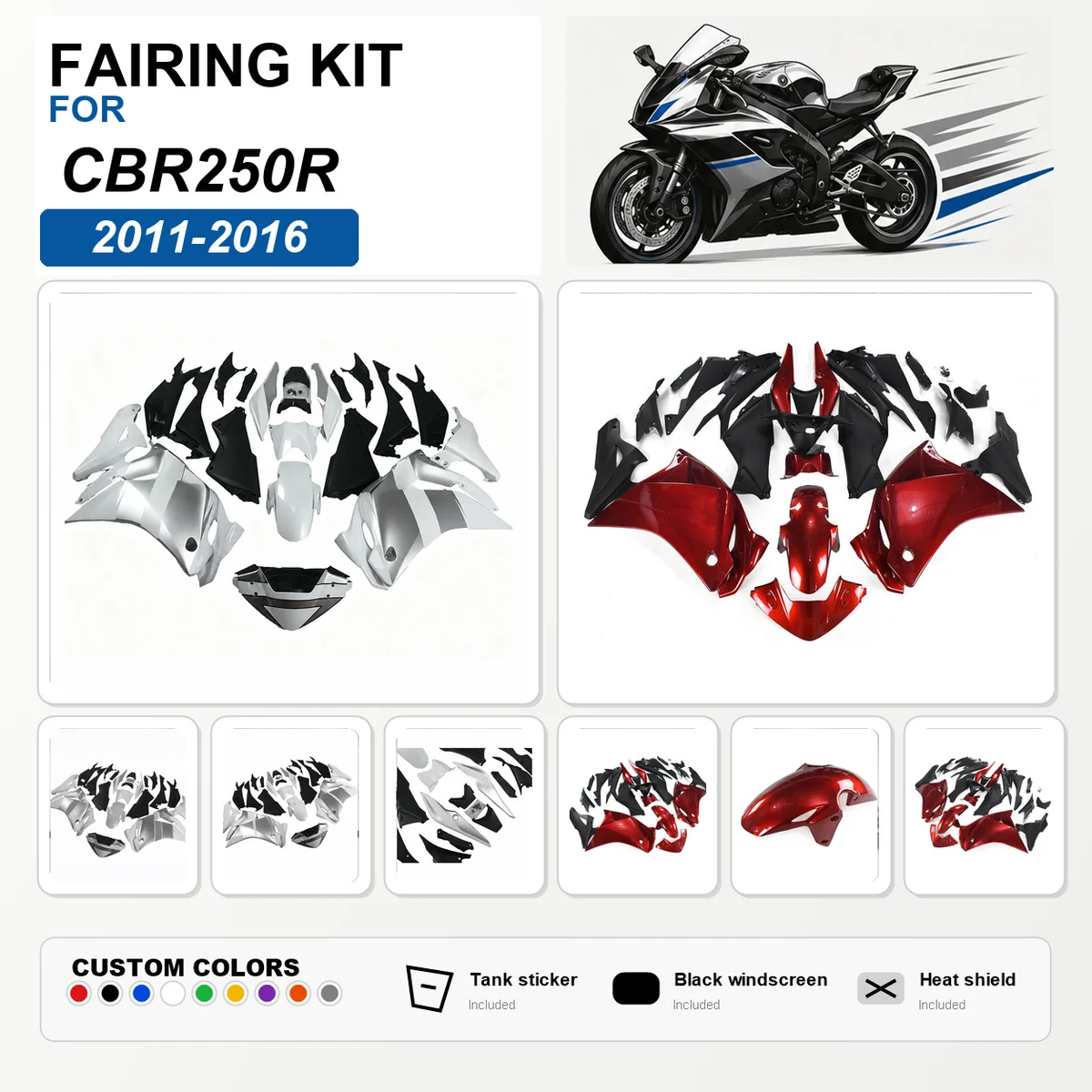 For CBR250R 2011-2016 Full Fairing Kit ABS Plastic Motorcycle Fairings Bodywork Cowling Heat Shield Included White Black