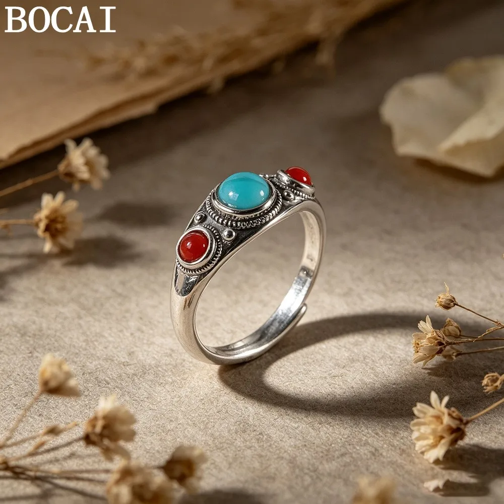 BOCAI New S925 Sterling Silver Jewelry Vintage Art Inlaid With Turquoise Southern Red Agate Ring Women's Selected Gift
