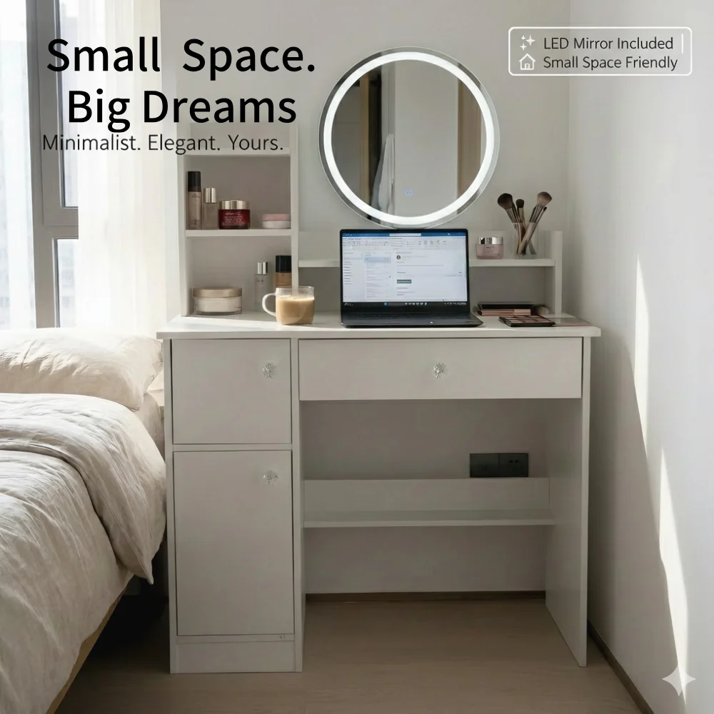 

Белый туалетный столик с LED-зеркалом - компактный стол для макияжа с местом для хранения, небольшой туалетный столик для спальни