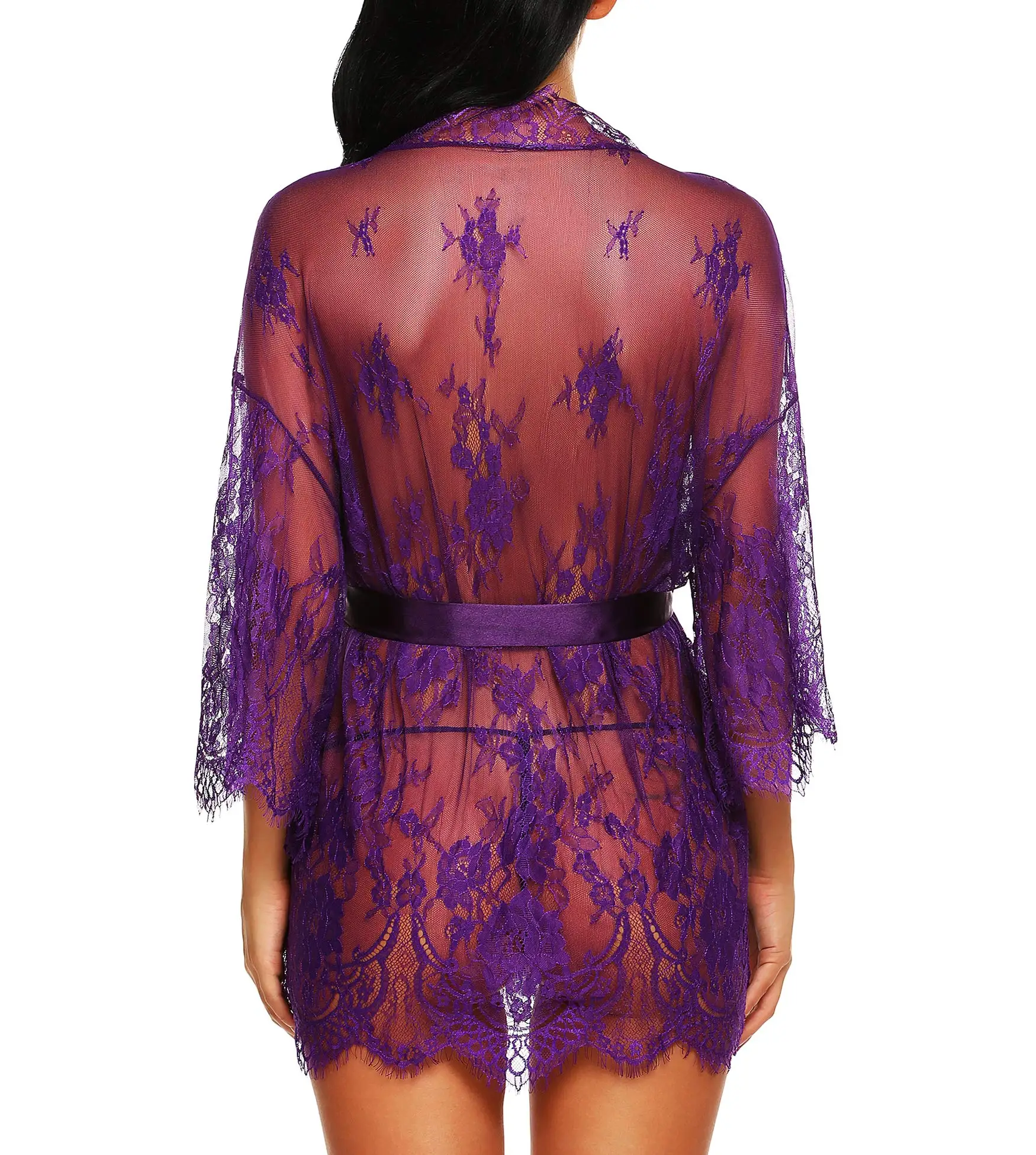 Set di vestaglia in pizzo romantico da donna Babydoll floreale trasparente Lingerie da notte Cintura elegante da sposa Boudoir Sleepwear Camicia da notte in rete