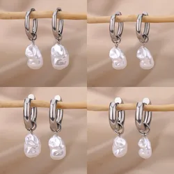 Baroque Pearl Earrings For Women Stainless Steel Water Droplet Silver Color Ring Drop Earring Wedding Party Jewelry Bijoux Femme