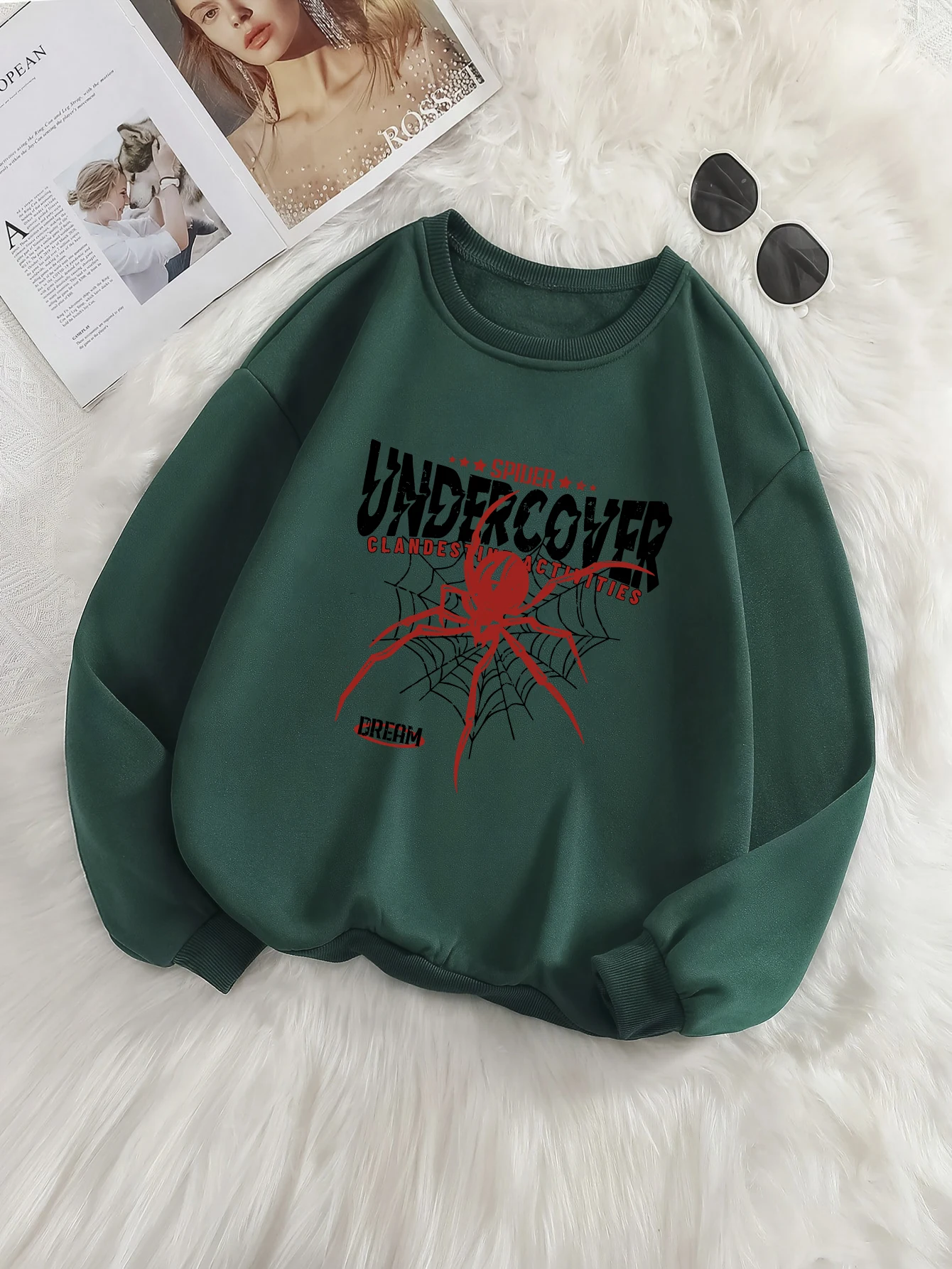 Personalised Spider Design Text Print Hoodless Green Comfortable Fashion Sweatshirt New Wave Style Tops Trendy Women\'s Clothing