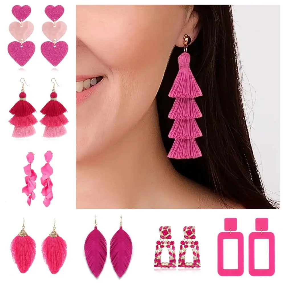 Exquisite Pink Dangle Hoop Earrings BOHO Bohemian Style Long Drop Earrings Cute Love Pendant Tassel Earrings Studs Female