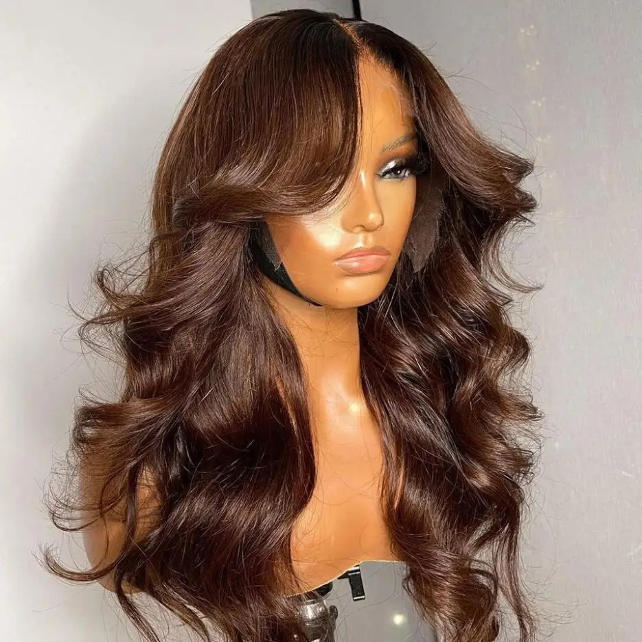 Glueless 26" Natural 180 Density Long Brown Soft Body Wave Lace Front Wigs For Black Women Baby Hair Heat Resistant Preplucked