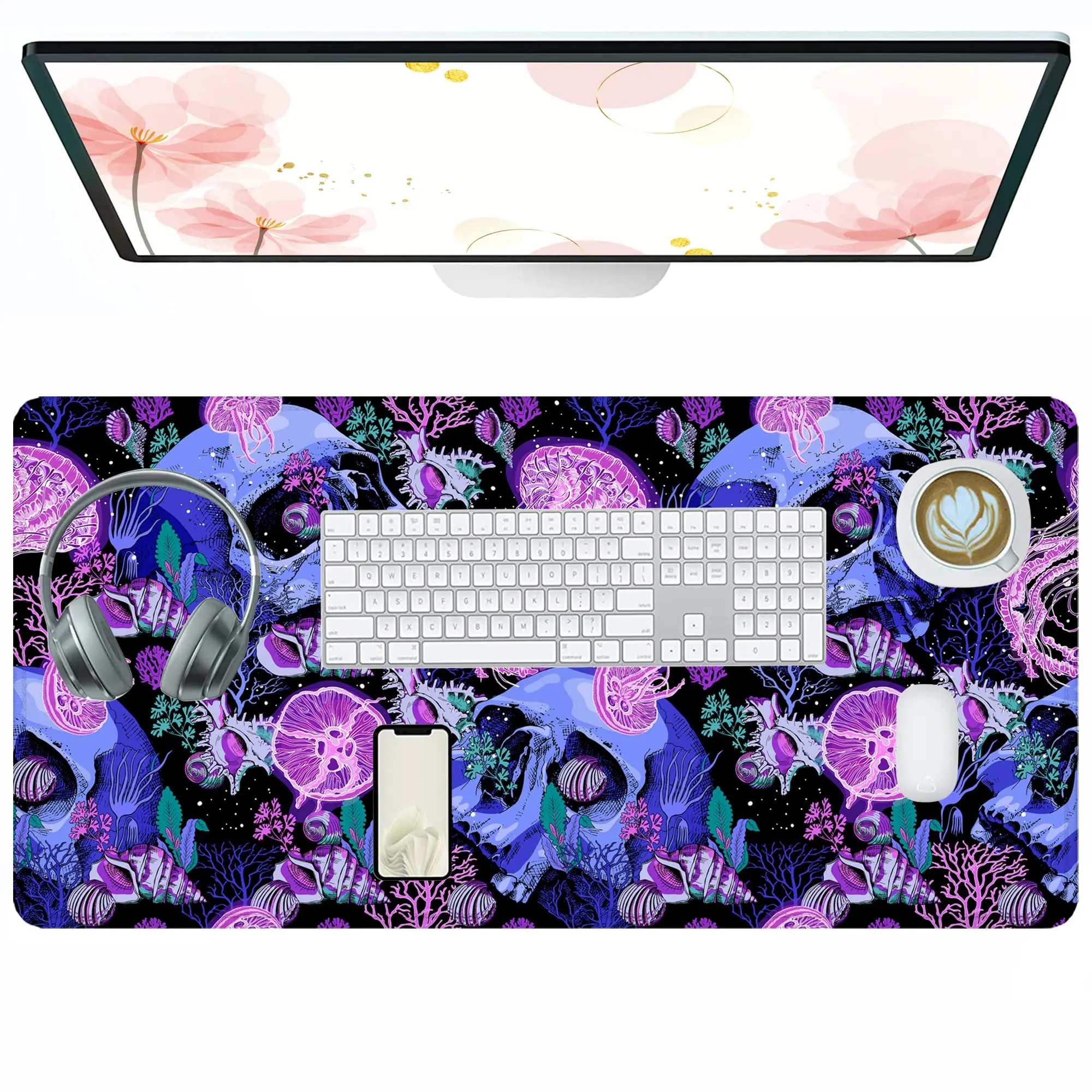 Skull Gaming Mouse Pad,Jellyfish and Skeleton Large Mouse Pad Desk Mat Computer Keyboard with Non Slip Base for Home Office