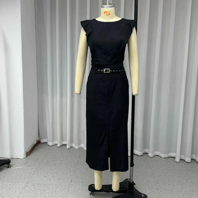 Wefads Two Piece Suit Summer 2024 Women Casual V Neck Solid Round Neck Sleeveless Backless Top With Belt Slit Long Skirt Sets