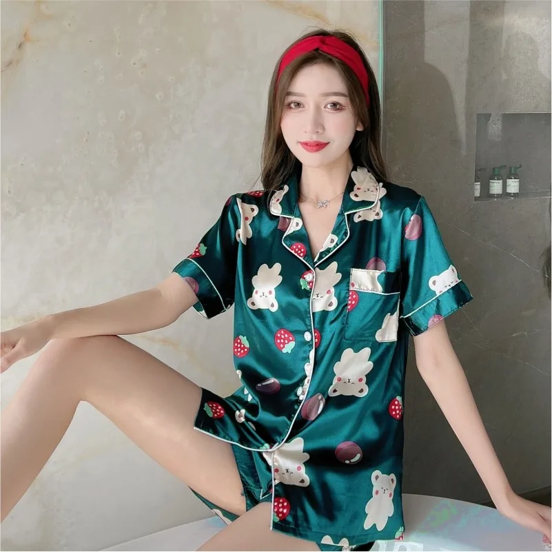 

Strawberry Women Pajamas Sets Silk T-shirt with Shorts 2022 Summer Bear Printed Stain Two-piece Sleepwear Casual Home Suit Lady