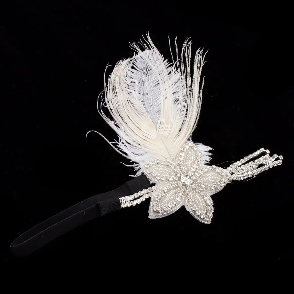 1920s Feather Headband 20s Accessories Crystal Beaded Wedding Bridal Headpiece