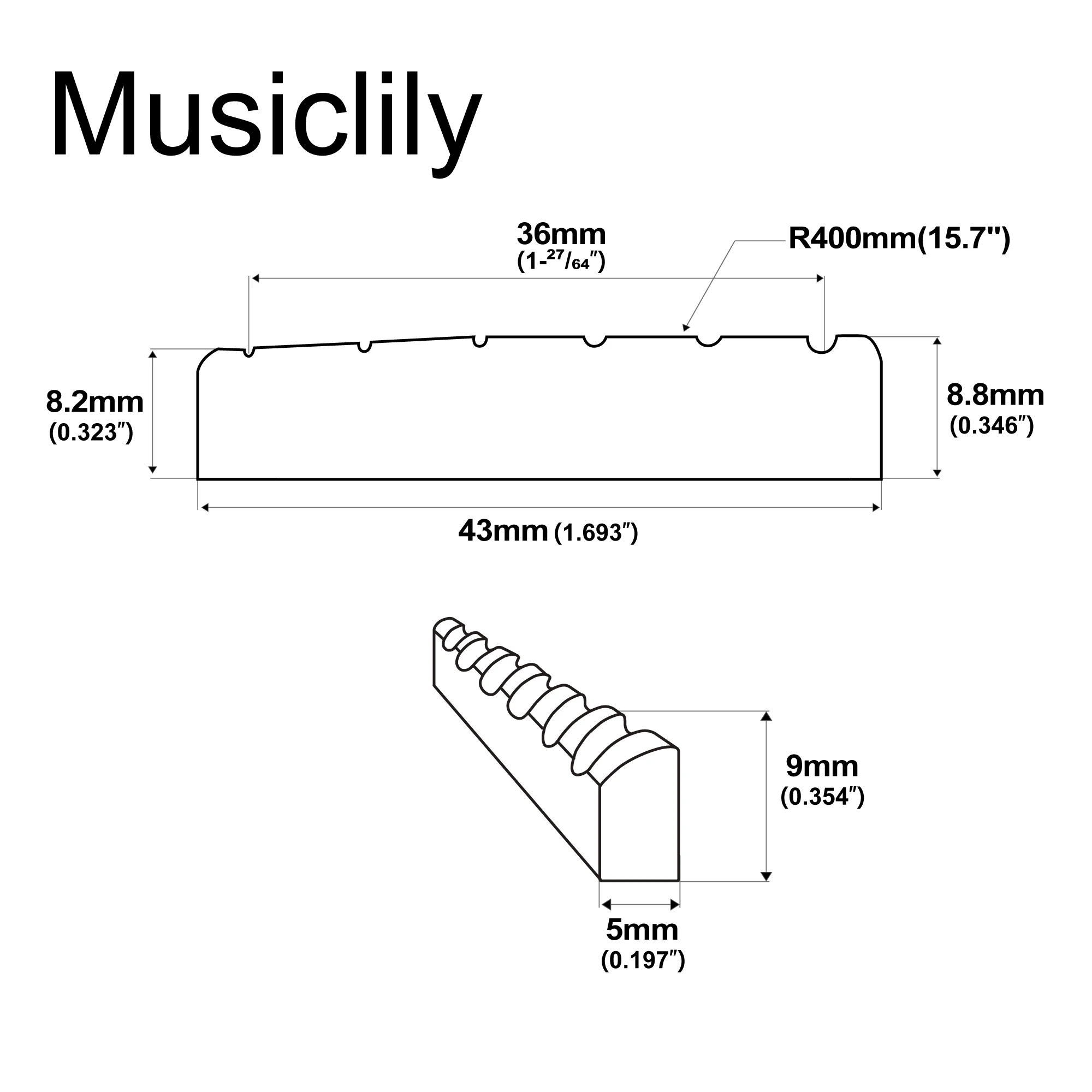 Musiclily Pro 43x5x9mm Flat Bottom Slotted Bone Nut for 6 String YAMAHA A Series and FG Series Acoustic Guitar (Set of 2)