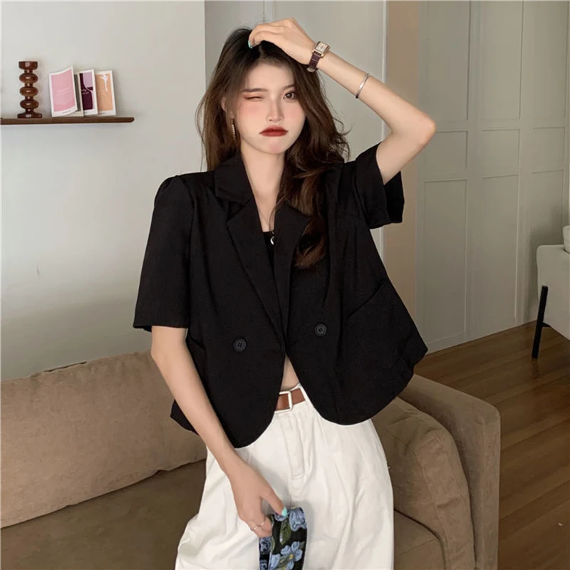 Lucyever Summer Korean Cropped Blazers Women 2023 Solid Color Short Sleeve Outwear Woman All-Match Office Suit Jacket Ladies