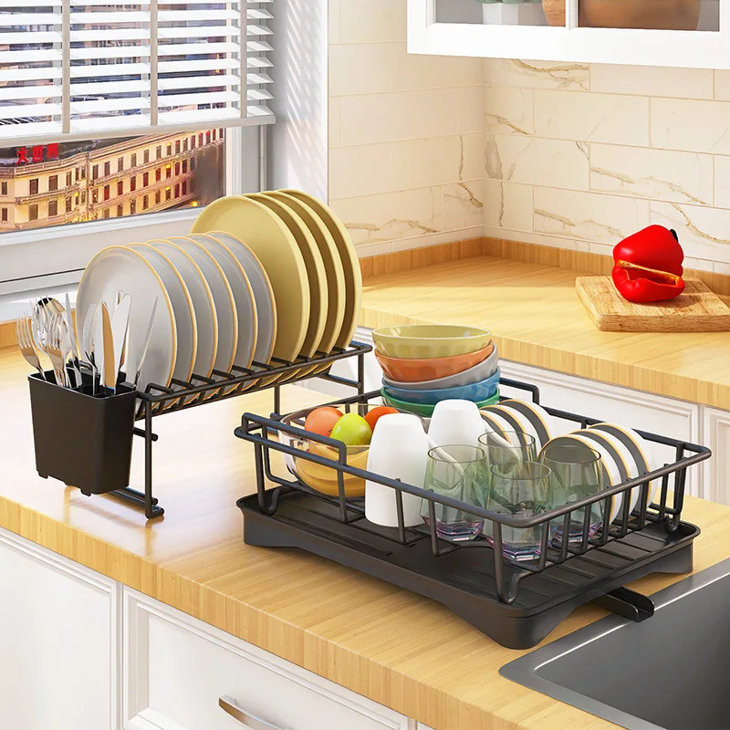 1/2 Tier Dish Drying Rack With Drain Board Kitchen Utensils Drainer Rack Countertop Dinnerware Plate Bowl Fork Spoon Organizer