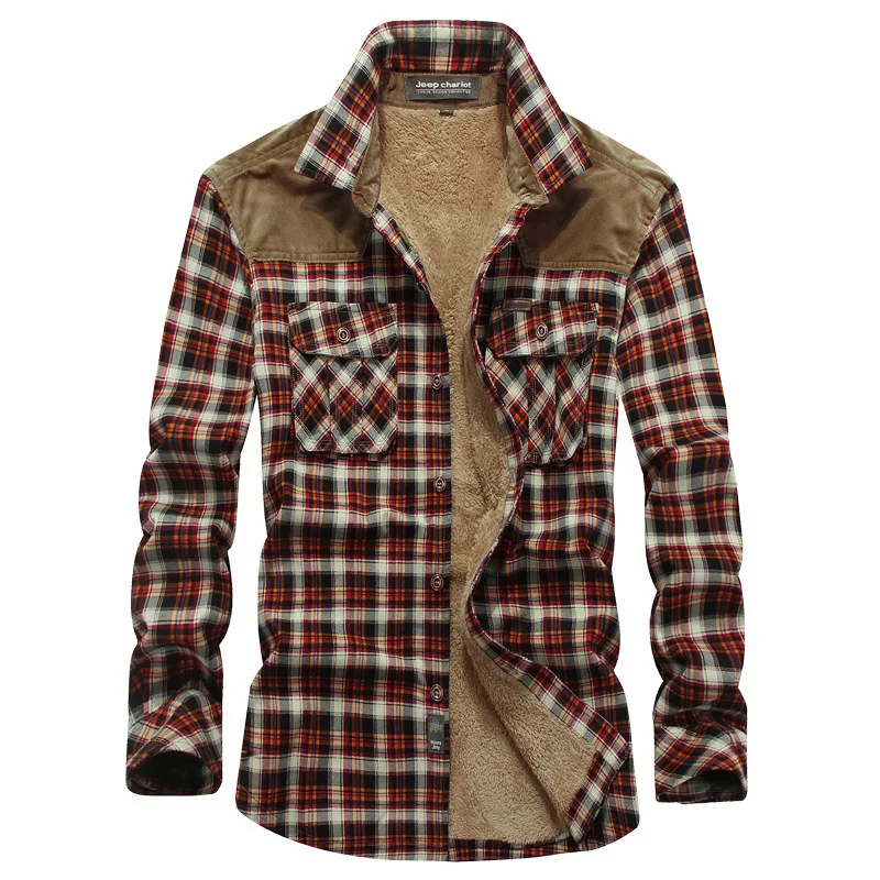 Winter Fleece Plaid Long Sleeve Shirt Men's Brushed Thick Warm Top