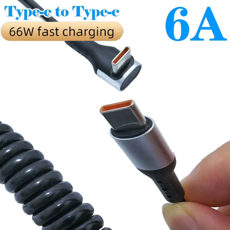 6A Elbow USB Type C Spring Short Cable 35cm to 1.6m 66W Dual Type C Fast Charging Cable Wire