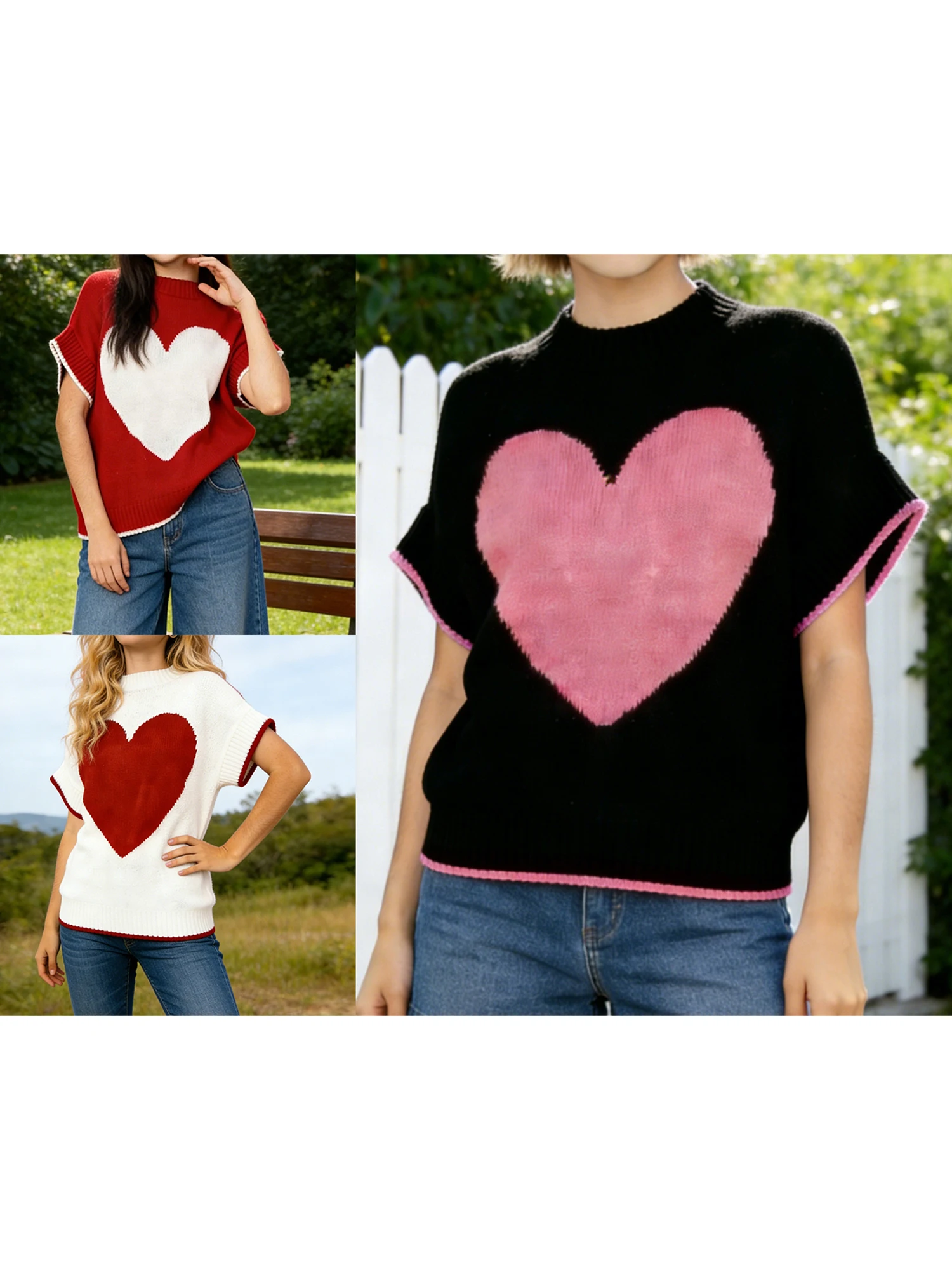 

Casual Loose Fit Knit Top with Adorable Heart Design Short Sleeves Pullover Sweater for Trendy Street Style Fashionistas