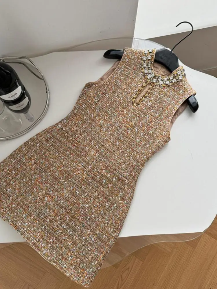 Retro 2025 Autumn Winter New Brown Dia Woolen Sleeveless Mini Women Round Neck Elegant Short Tweed Dress Popular Trend