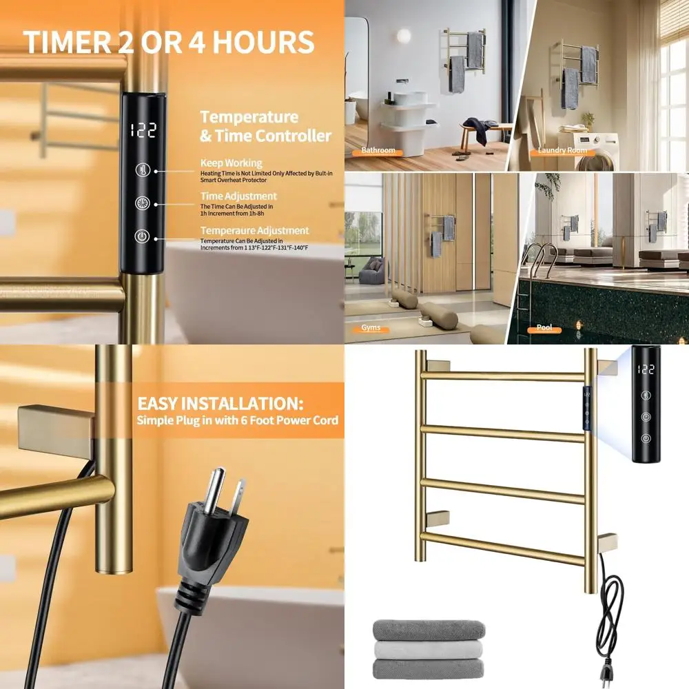 

Настенный электрический полотенцесушитель с таймером, 4-секционная вешалка, подключение к сети или проводное подключение, золотистое покрытие