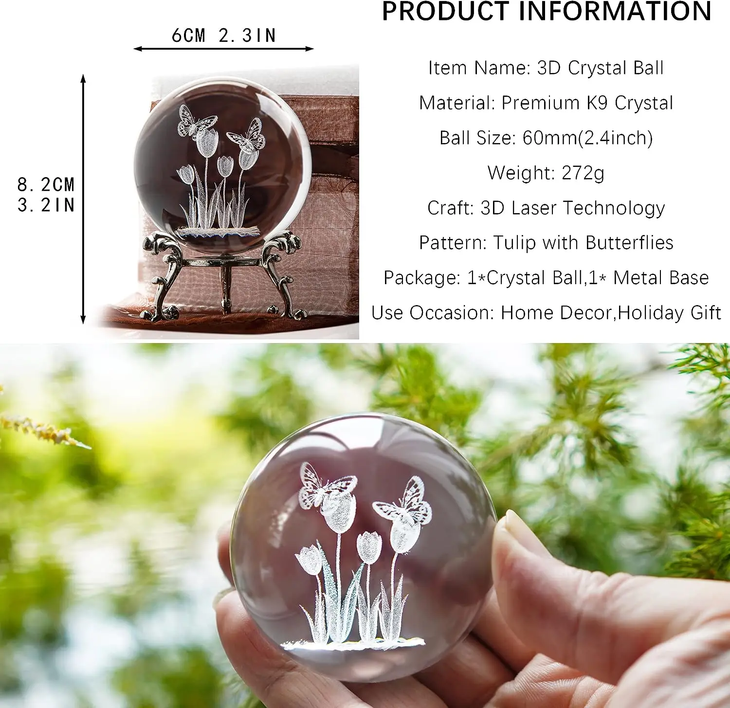 H&D 3D Laser Crystal Tulip Ball with Butterflies Paperweight - 60mm Engraving Decorative Balls Glass Full Sphere Figurine Decor