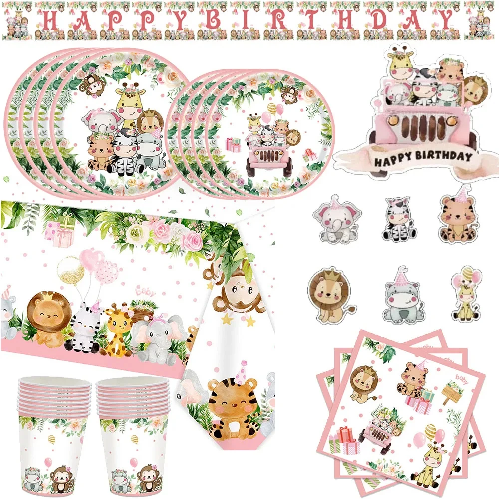 Jungle Safari Theme Party Decoration Pink Animal Disposable Tableware Plate Cup Tablecloths For Girls Birthday Party Baby Shower