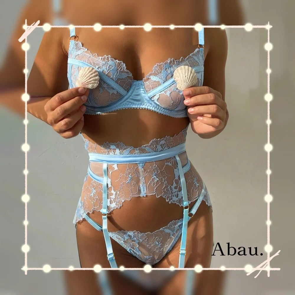 

Luxury ladies erotic lingerie lace floral embroidery sheer patchwork embroidery sexy sheer pleated lingerie 4-piece set