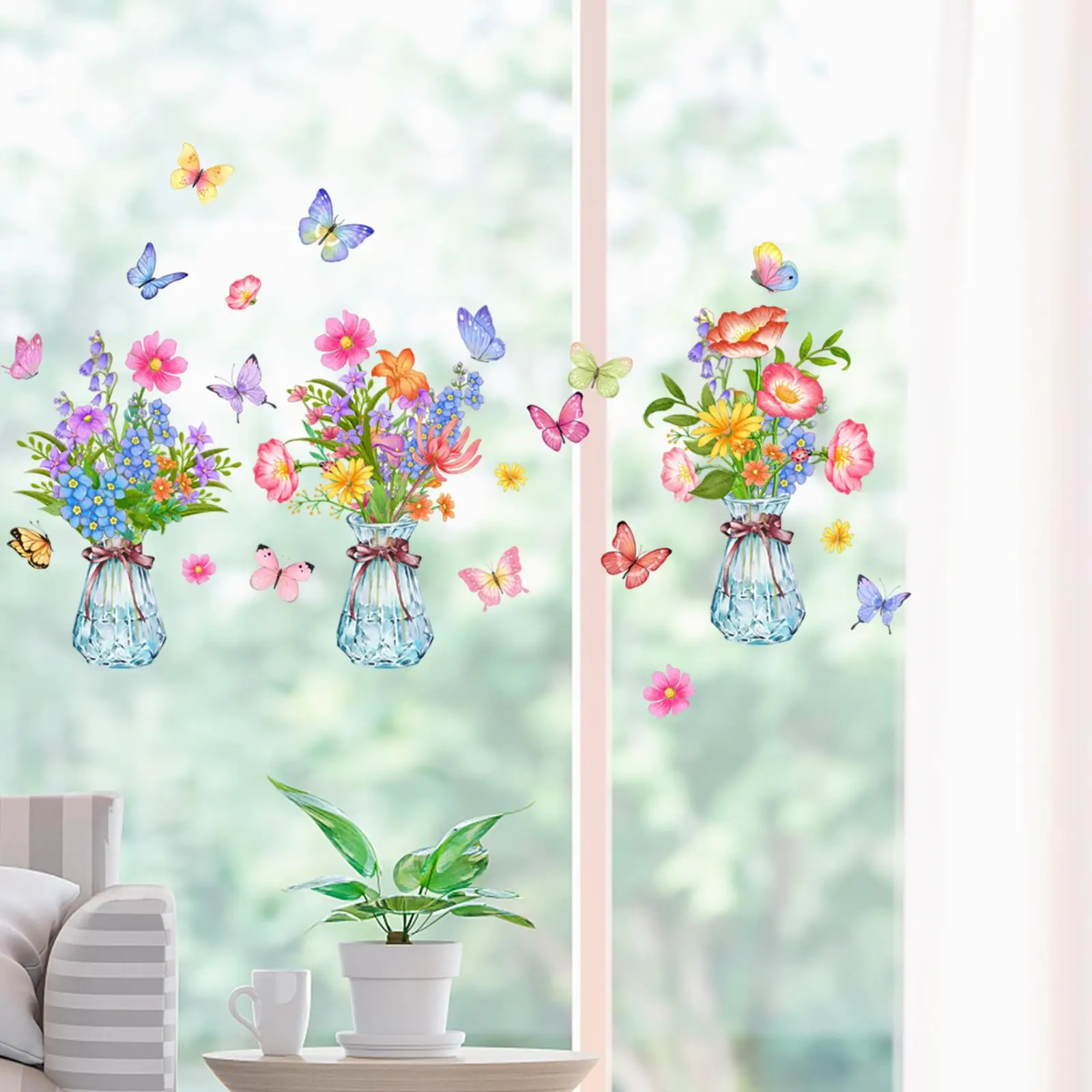 3 Sheets Window Stickers Flower Vase Butterfly Flowers Home Decorations Wall Decor Spring Static Clings for Home Office Bedroom