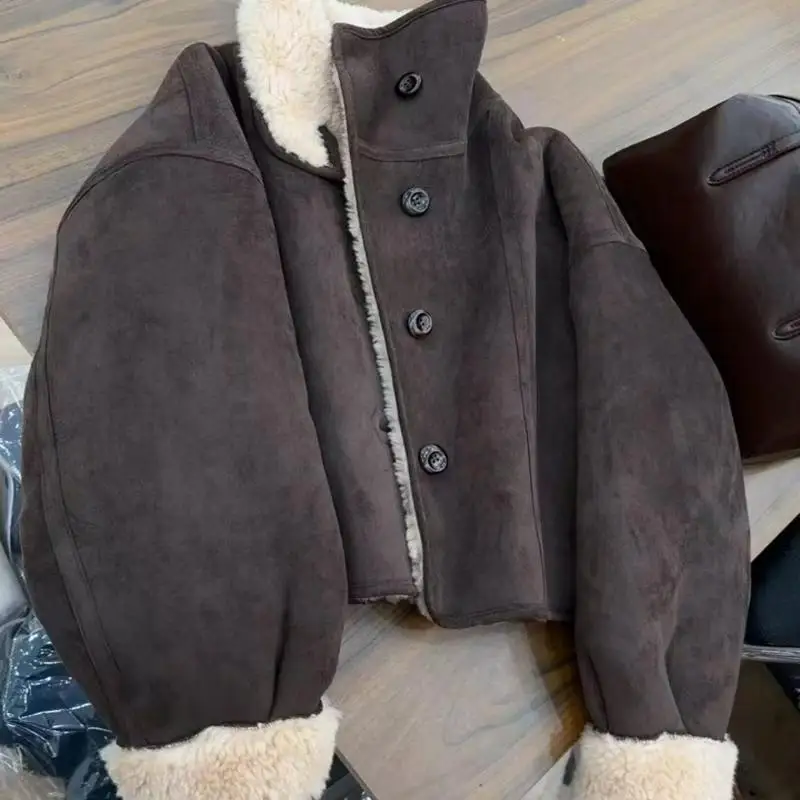 

Autumn and winter fashion new trendy loose casual jacket double-sided retro brown lamb wool thickened lapel jacket for women