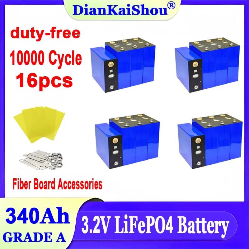 

16 pcs 3.2V 340Ah Lifepo4 Battery Brand New Grade A 10000 cycles Rechargable Cell Lithium Iron Phosphate for RV UPS Solar Power