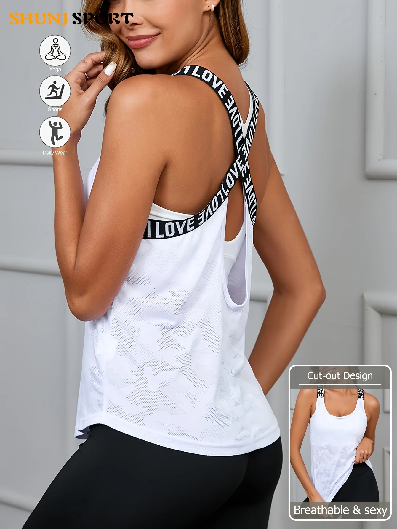 Women'S Round Neck Letter Ribbon Tank Top, Breathable Camo Jacquard Athletic Sleeveless Top, Quick-Dry Fitness Activewear,