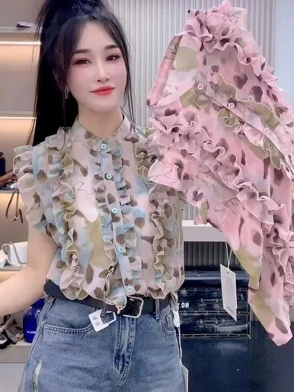 Retro Splicing Dyed Print Wood Grain  Women's Shirt Summer Versatile Elegance Fly Sleeve Blouse European Design Sense