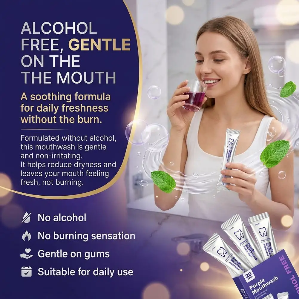Disposable Purple Mouthwash Sachets Alcohol Free Mint Flavor Portable Travel Oral Rinse Gentle Clean Teeth Gum Care Fresh Breath