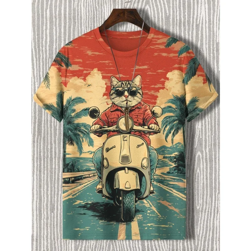 Swimming Flower Cat Pattern T-Shirt for Men Motorcycle Beach 3D Print Tees Summer Round Neck Tops Oversized Short Sleeve T Shirt