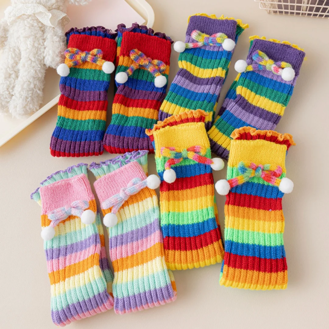 3-8Y Girls Leg Warmers Socks Children's Stockings Rainbow Colors Girls Pile Socks Baby Leggings Knitted Stockings Kids Socks