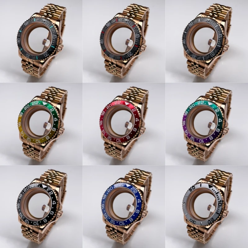 Full Rose Gold 40mm NH35 Case YM Design Two-Way Rotating Bezel Stainless Steel Sapphire Glass for NH35 NH36 Movement Watch Case