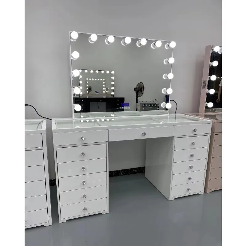 Modern DressingTable With Hollywood Light Mirror  Bedroom Vanity Dresser Makeup Desktop Led Mirrors Set Drawers Dressers