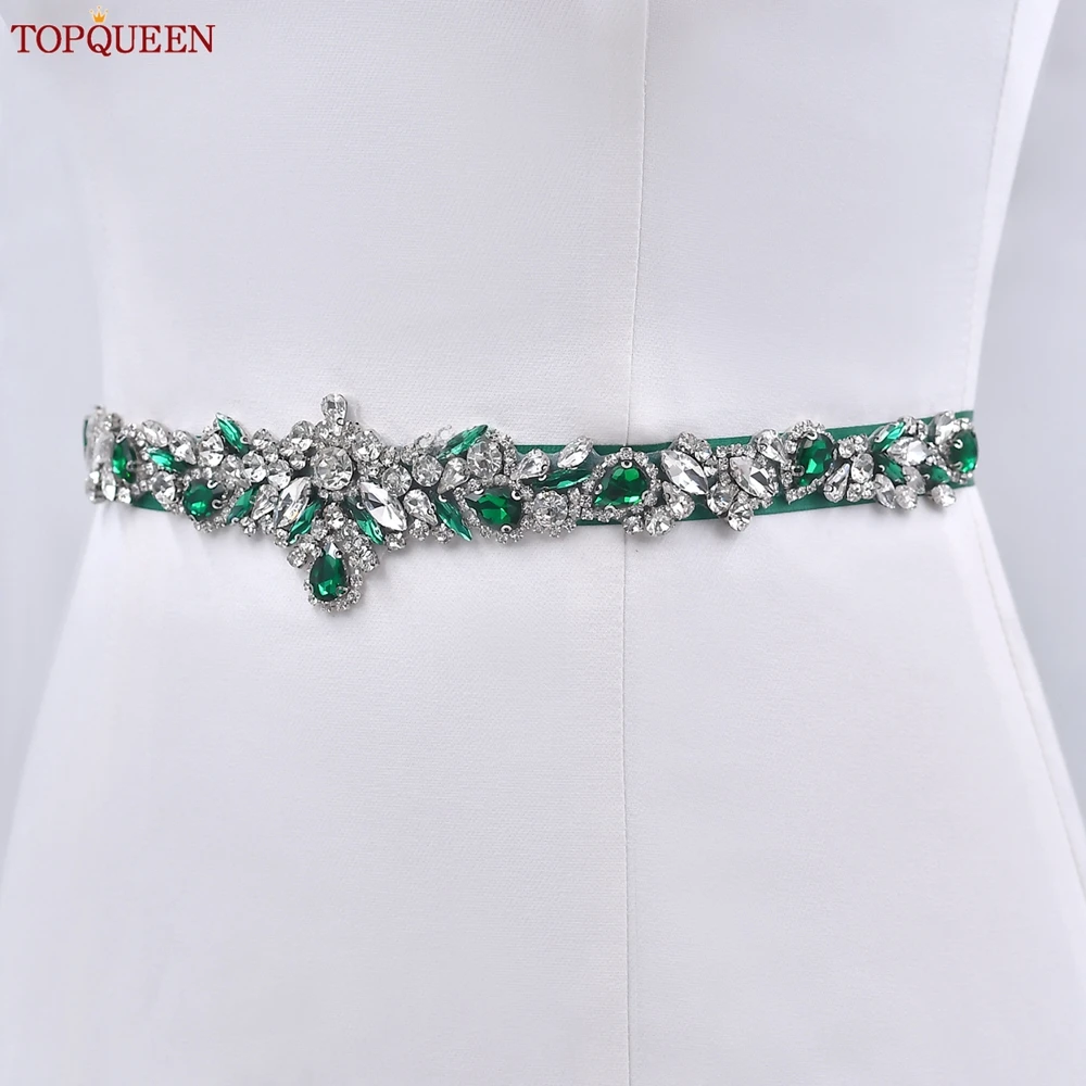 TOPQUEEN-Cinturón de boda con diamantes de imitación para mujer, accesorios para vestido de novia con diamantes verdes, faja para fiesta, S462-KL