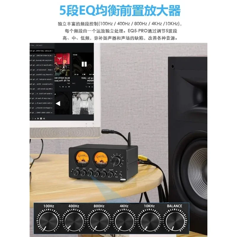 5 Band EQ Equalizer with VU Meter & Bluetooth 5.0, Desktop Preamp Audio Processor for Studio Monitor,Independent Channel Control