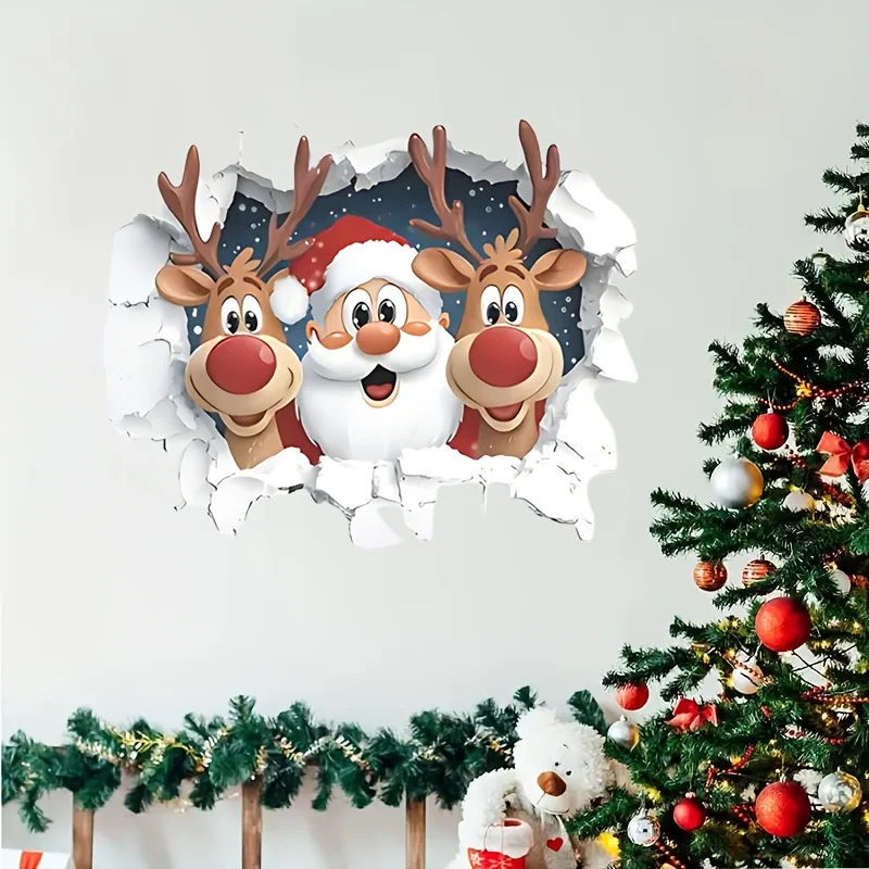 2D Flat Printed Crack Santa Reindeer Toilet Seat Stickers Waterproof Christmas Bathroom Vinyl Decals Restroom Holiday Decor