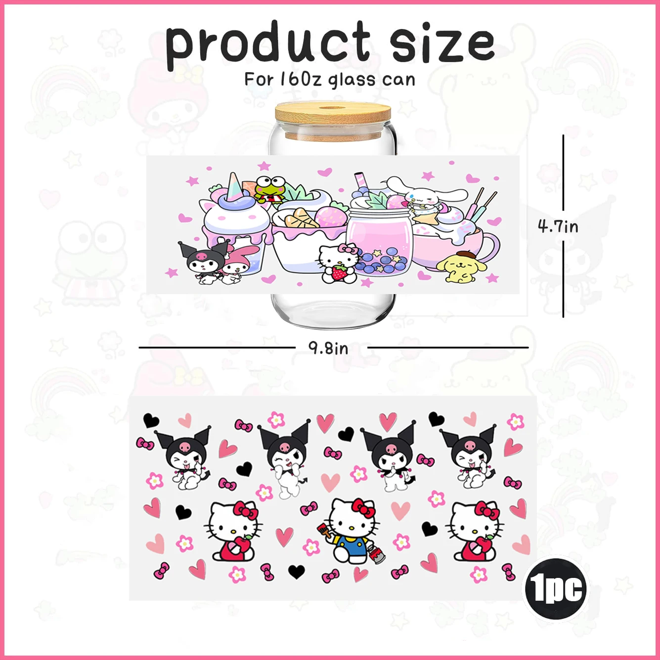 Kuromi Stickers UV DTF Cup Wrap 16oz Cup Wraps Coffee Printed for DIY Glass Ceramic Hello Kitty Sun Protection and Waterproof ﻿